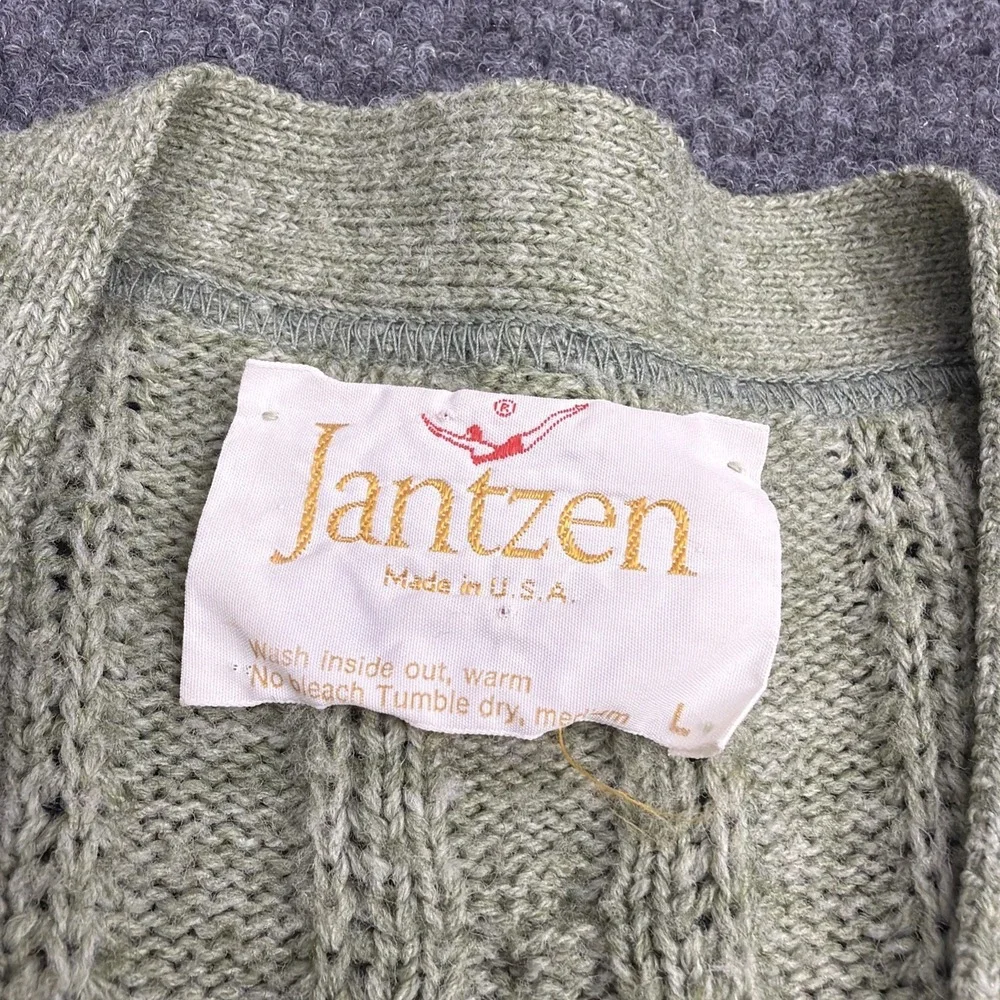 Vtg Jantzen Cardigan Sweater Men's Large Cable Knit Green Grandpa Shetland Wool